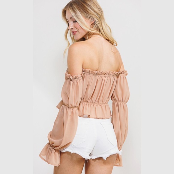 Beige Mocha Long Sleeve Off the Shoulder Wooldobby Top - Picture 2 of 4